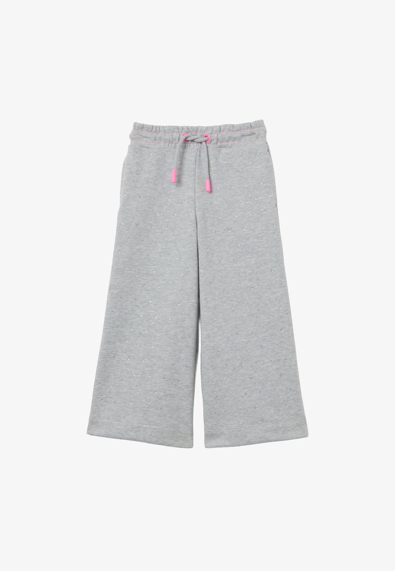 Grijze sweatpants met een wijd beenontwerp, voorzien van een taille met trekkoord met roze accenten en kleine, meerkleurige stippen over de stof verspreid.