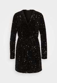 Svart paljettklänning med V-ringning, långa ärmar och omslagdesign. Tyget har en strukturerad yta med glänsande, reflekterande paljetter.