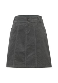 Jupe en coton gris avec taille ajustée, fermeture à deux boutons, poches et détails de plis cousus. Texture lisse et coupe à longueur genoux.