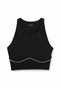 Sujetador deportivo negro con escote redondeado, que presenta un acento ondulado blanco a lo largo del dobladillo inferior. Fabricado con tejido elástico para mayor comodidad.