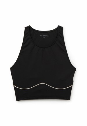 Sportivo nero con scollatura a U, caratterizzato da un'accattivante linea ondulata bianca lungo l'orlo inferiore. Realizzato in un tessuto elasticizzato per garantire comfort.