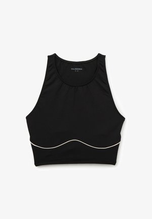 Soutien-gorge de sport noir avec un décolleté en forme de U, présentant un accent ondulé blanc le long de l'ourlet inférieur. Fabriqué en tissu extensible pour le confort.