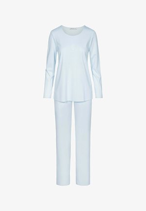 Jasnoniebieski zestaw odzieży do relaksu składający się z długiego rękawa bluzki z okrągłym dekoltem i dopasowanych spodni, wykonany z miękkiego, gładkiego materiału.