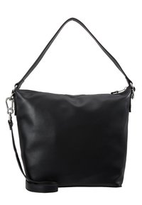 Svart läderhandväska med texturerad yta; har dragkedjestängning, justerbar rem och en minimalistisk design.