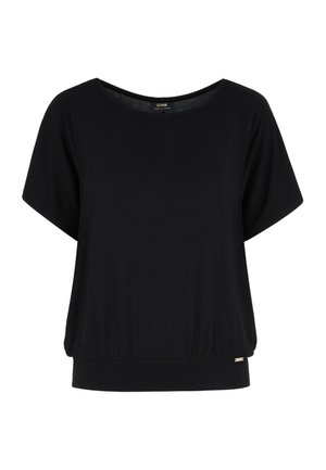 Blusa negra de manga corta con escote redondo ancho y banda elástica ajustada en la cintura.