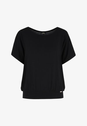 Sort kortærmet bluse med bred rund halsudskæring og tætsiddende elastisk kantbånd i taljen.