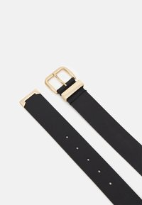 Black leather belt with a smooth texture, featuring a rectangular gold-tone buckle and five adjustment holes for sizing.