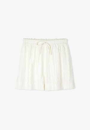 Weiße, strukturierte Shorts mit einem elastischen Bund und Kordelzug. Sie haben dezente vertikale Streifen und eine lockere Passform.