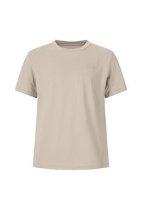 Beige lyhythihainen t-paita, joka on valmistettu kevyestä kankaasta. Pyöreä pääntie, jossa on hienovaraisia ompeluyksityiskohtia, ei kuvioita ja minimaalinen brändäys.