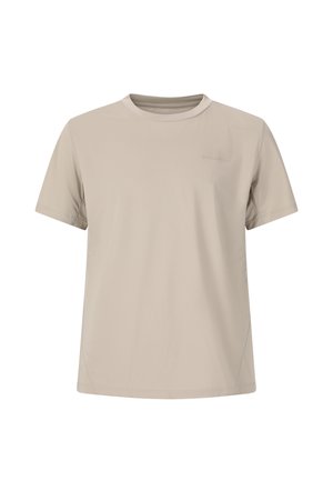 Beige t-shirt med kort ärm i ett lätt tyg. Rund halsringning med subtila sömnadsdetaljer, utan mönster och minimal varumärkeslogotyp.