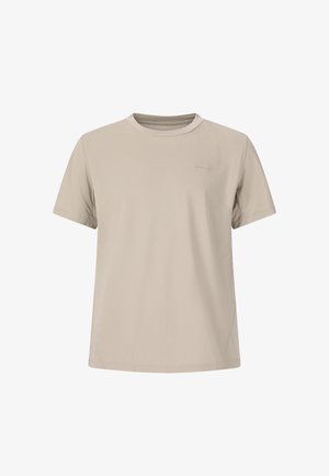 T-shirt beige à manches courtes en tissu léger. Col rond avec de subtils détails de couture, sans motifs et avec un minimum de marquage.