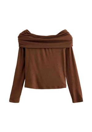 Prune õlgadelt avatud pika varrukaga topp tekstureeritud ribainest, millel on lahtine rippuv disain ja sobiv kehaosa.