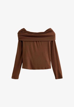 Prune õlgadelt avatud pika varrukaga topp tekstureeritud ribainest, millel on lahtine rippuv disain ja sobiv kehaosa.