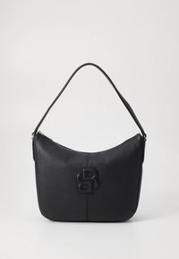 Juodos odos rankinė ant peties su išlenkta silueto forma, su ryškiu iškilusiu logotipu ir vienu reguliuojamu dirželiu. Lygi faktūra.