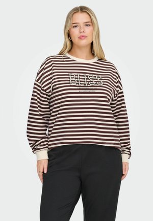 Raištinės sportinės palaidinės ruda ir kreminė spalvomis su nusileidusiomis petnešomis, apvaliu iškirpimu ir "BLISS" tekstu su dekoracijomis.