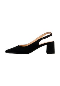 Chaussure slingback en daim noir avec bout pointu, talon bloc et bride de cheville réglable avec petite boucle métallique.