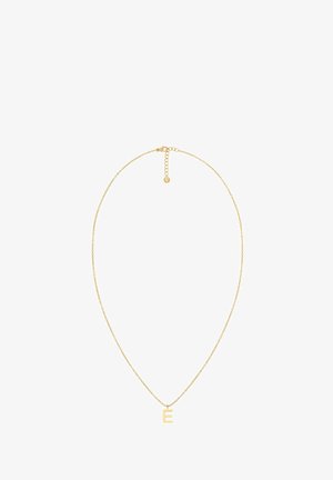 Kultaketju, jossa on herkkä ketju ja pieni, isokirjain "E" -riipus. Yksinkertainen muotoilu, jossa on rapuolkiinnitys ja säädettävä pituus.
