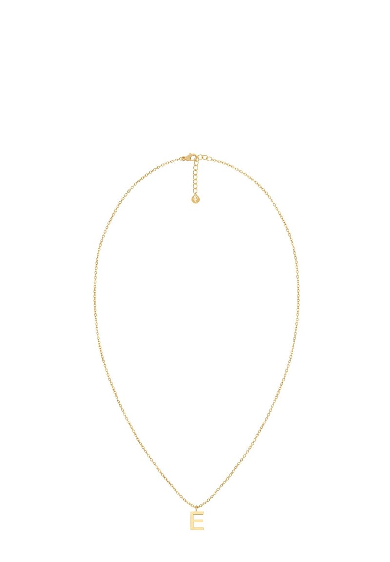Kuldse tooniga kaelakee, millel on õrn ketike ja väike, suuruselt suur "E" ripats. Lihtne disain, millel on lõhega kinnitamine ja reguleeritav pikkus.