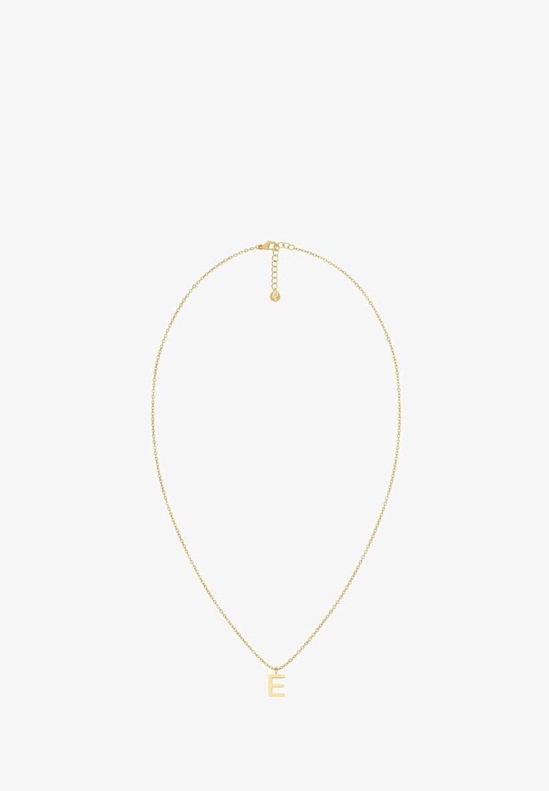 Kuldse tooniga kaelakee, millel on õrn ketike ja väike, suuruselt suur "E" ripats. Lihtne disain, millel on lõhega kinnitamine ja reguleeritav pikkus.