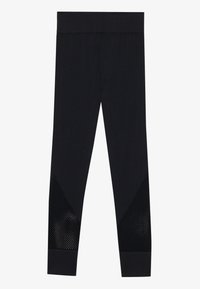 Leggings neri con una fascia alta in vita, caratterizzati da pannelli in rete sui lati inferiori. Realizzati con un tessuto elasticizzato per comfort e libertà di movimento.