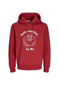Rode hoodie met een kangoeroetas, verstelbare trekkoord capuchon en witte grafische tekst met de tekst "Praat kalkoen met me" met een kalkoenillustratie.