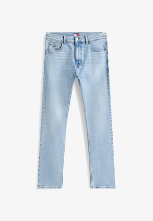 Blugi drepti de culoare albastru deschis, cu cinci buzunare, închidere cu nasturi și decolorări subtile în zona coapselor din față și a taliei.