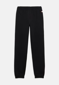 Μαύρο σπορ παντελόνι από μαλακό ύφασμα με βαμβακερή σύνθεση, με ελαστική ζώνη μέσης και μανσέτες στα πόδια. Κεντημένο λογότυπο στο αριστερό ισχίο.