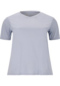 Lysblå kortærmet t-shirt med v-udskæring, lavet af glat, let stof. Har en afslappet pasform og minimale sømdetaljer.