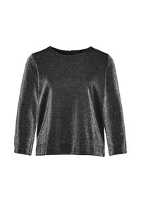 Suéter metálico negro con un escote redondo, mangas tres cuartos y una textura suave y brillante que presenta un ligero destello en todo su diseño.