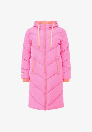 Langer, pinkfarbener Daunenmantel mit Chevron-Steppnähten, Kapuze, Frontreißverschluss und orangefarbenen Akzenten an den Bündchen und Kordeln. Verfügt über zwei seitliche Taschen.