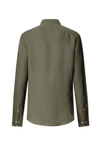Olijfgroen, lange mouwen overhemd met knopen, gezien van achteren, met knopen aan de manchetten en een klassieke kraag.