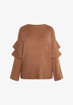 Brązowy sweter dziany z warstwowymi rękawami w falbany oraz szerokim dekoltem. Materiał wydaje się miękki i ma teksturowane wykończenie.