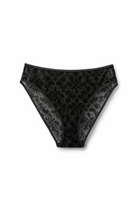 Bikini de encaje negro con un estampado floral, que presenta paneles transparentes y un ribete elástico negro sólido. El diseño es sin costuras y de corte bajo.