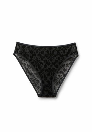 Czarny koronkowy bikini w kwiatowy wzór, z przezroczystymi panelami i solidnym czarnym elastycznym wykończeniem. Design jest bezszwowy i niskosiedzący.
