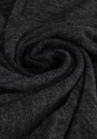 Dark gray fabric in a soft, textured knit, arranged in a spiral, showcasing fine fibers and a slightly heathered appearance.