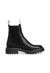 Schwarze Leder-Chelsea-Stiefel mit elastischen Seitenpaneelen, verstärkten Ziehschlaufen und einer robusten, strukturierten Gummisohle. Glatte Oberfläche und weiße Nähte.