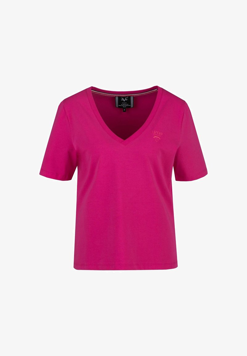 Kurzärmeliges, V-Ausschnitt T-Shirt aus leuchtend pinkem Baumwollstoff mit einem kleinen gestickten Logodetail auf der Vorderseite. Einfaches, lässiges Design.