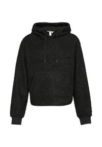 Zwarte, cropped hoodie van gestructureerde fleece, met een capuchon met trekkoord, een voorzak in kangoeroestijl en geribbelde manchetten.