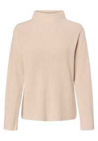 Suéter de punto de manga larga en beige claro con cuello alto. Presenta una textura acanalada y un corte relajado. Sin cerraduras ni detalles adicionales.
