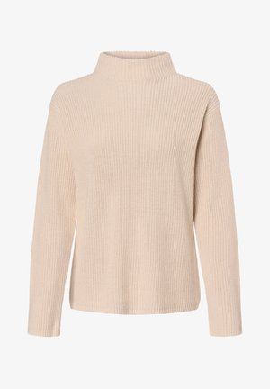 Strickpullover mit langen Ärmeln in hellbeige und hohem Kragen. Hat eine gerippte Textur und eine lockere Passform. Keine Verschlüsse oder zusätzlichen Details.