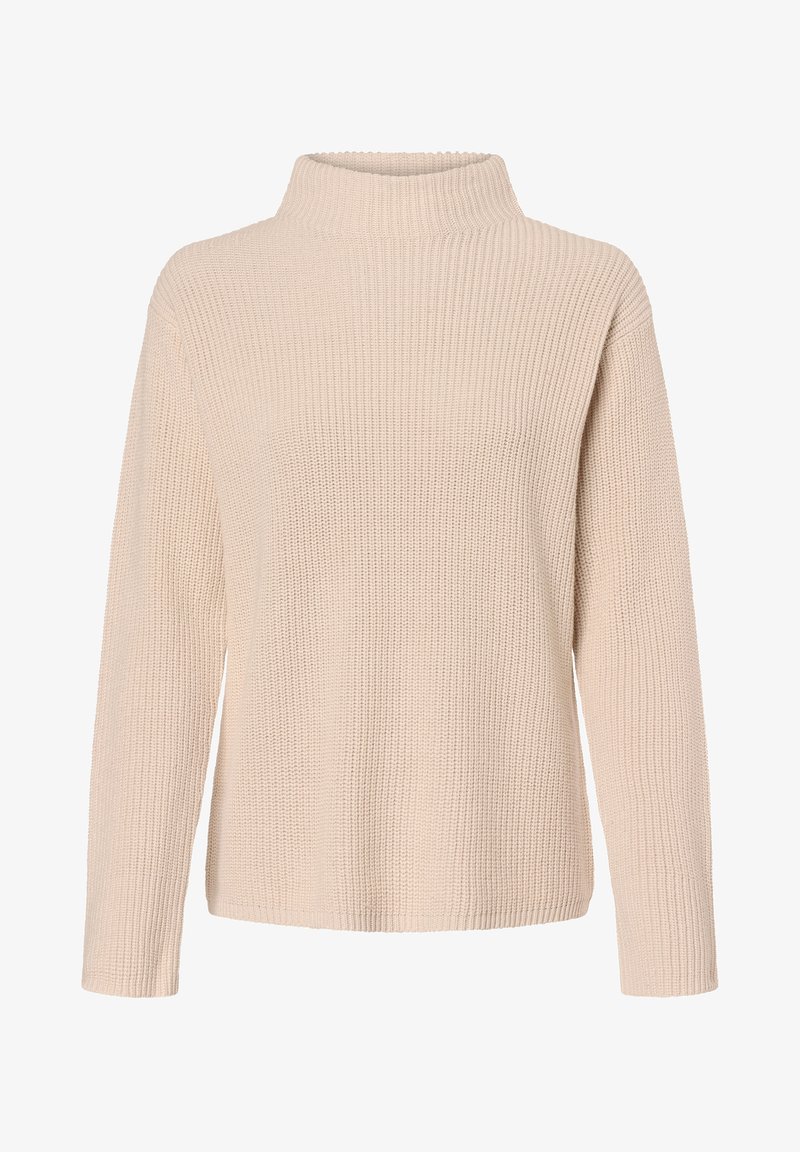 Suéter de punto de manga larga en beige claro con cuello alto. Presenta una textura acanalada y un corte relajado. Sin cerraduras ni detalles adicionales.
