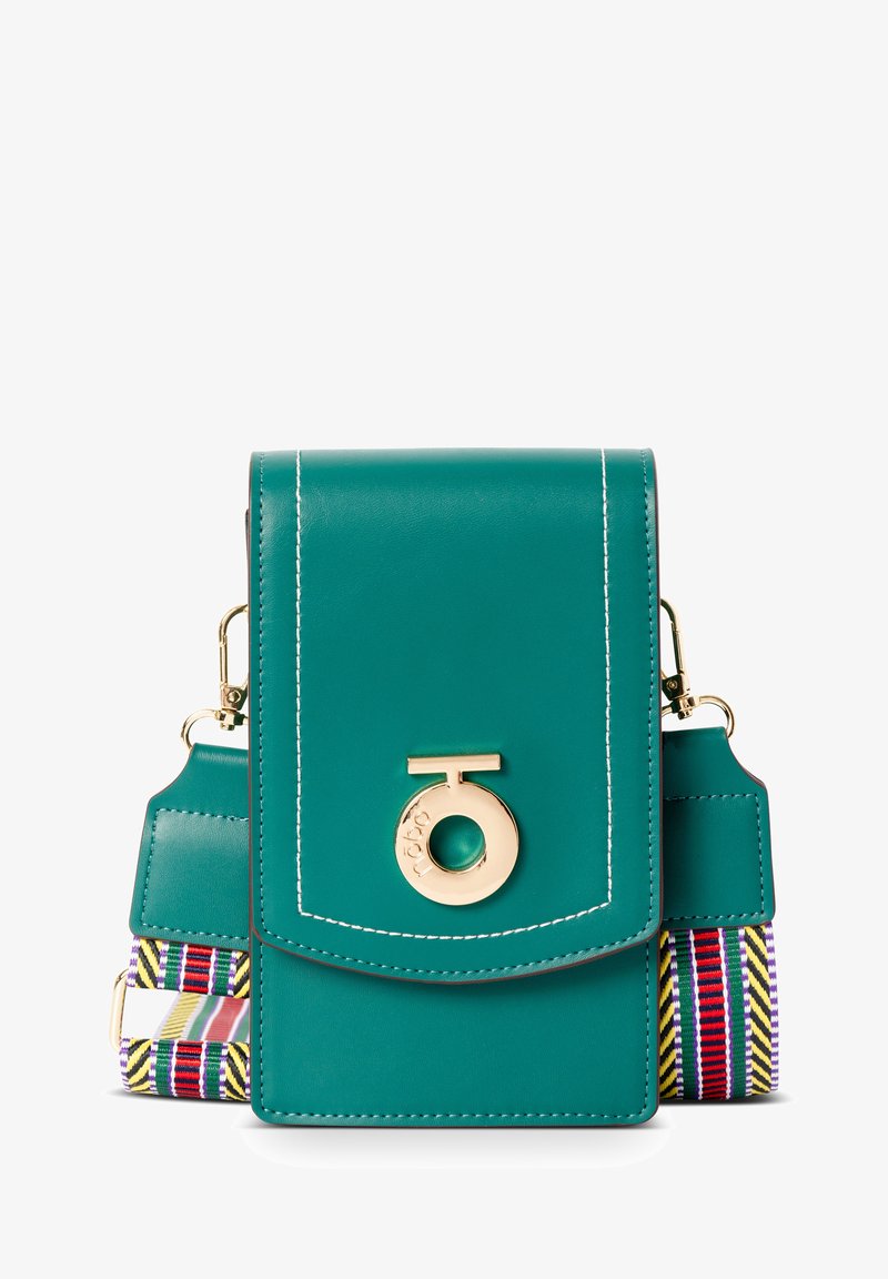 Borsa a tracolla verde in pelle con hardware dorato, caratterizzata da un dettaglio del logo e una tracolla colorata a strisce con vari colori e motivi.