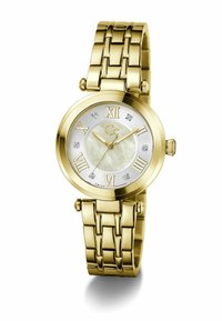 Montre-bracelet en métal doré avec bracelet à maillons, cadran rond, chiffres romains, six index en diamant et trois aiguilles indiquant 10:10:36.