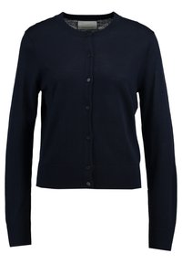 Cardigan lavorato a maglia blu notte con scollatura rotonda, maniche lunghe, chiusura con bottoni e orlo e polsini a coste. Tessuto sottile e leggero.