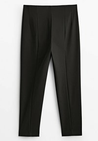 Black tailored trousers with a smooth texture, featuring two front pleats and a straight leg design. No visible pockets or embellishments.