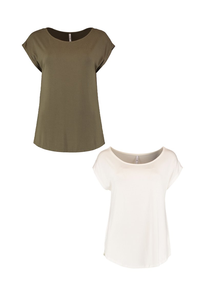 Two short-sleeved T-shirts: one olive green and one white, both featuring a rounded neckline and a relaxed fit, made from soft fabric.