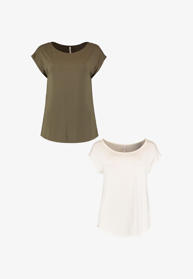 Two short-sleeved T-shirts: one olive green and one white, both featuring a rounded neckline and a relaxed fit, made from soft fabric.