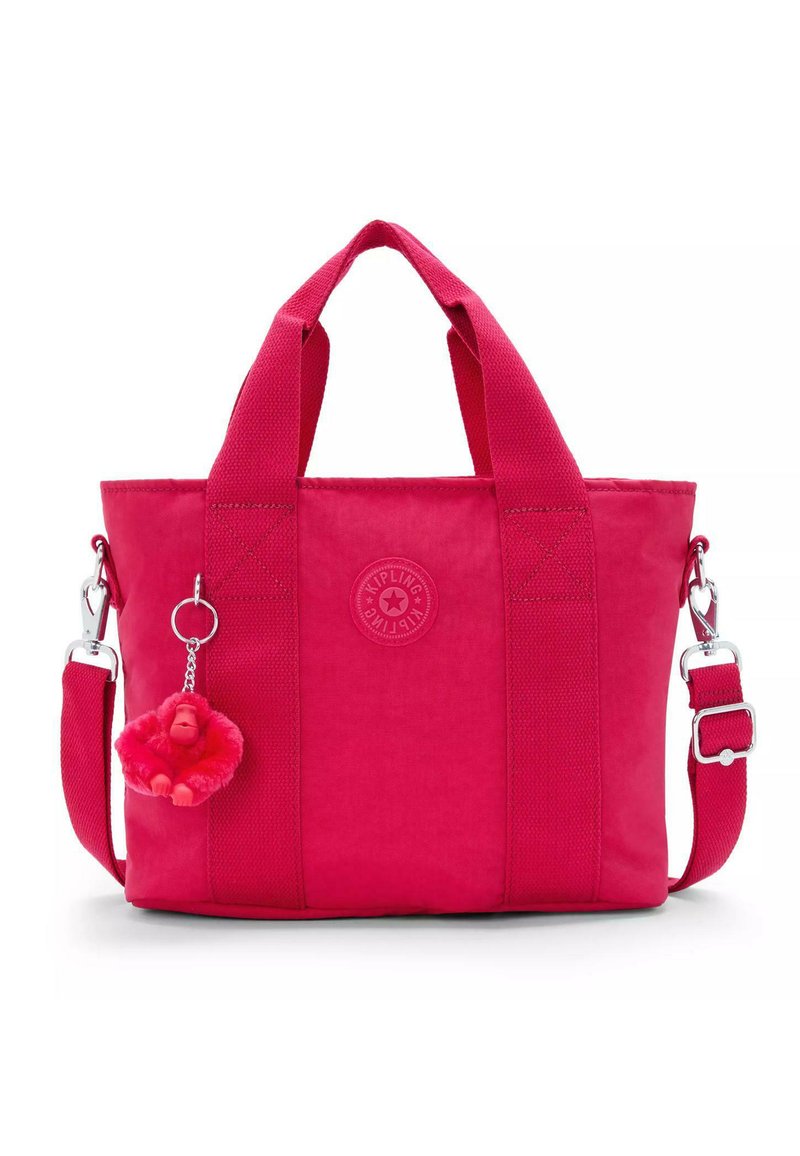 Borsa tote rosa con manici doppi e una tracolla staccabile. Caratterizzata da un tessuto testurizzato e da un portachiavi con una morbida scimmietta rossa.