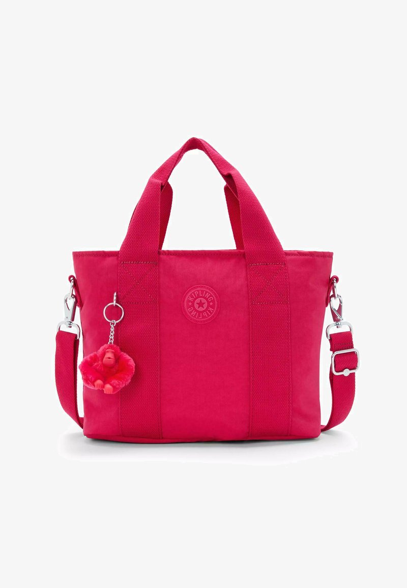 Borsa tote rosa con manici doppi e una tracolla staccabile. Caratterizzata da un tessuto testurizzato e da un portachiavi con una morbida scimmietta rossa.