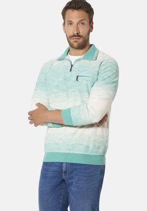 Mann mit Bart, der einen mintgrünen und weißen Reißverschluss-Pullover und blaue Jeans trägt, steht mit verschränkten Armen vor weißem Hintergrund.